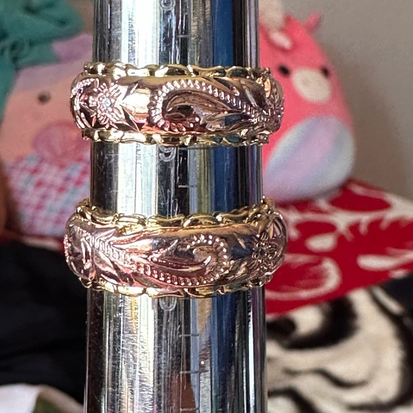 911. Hawaiian Heirloom Plumeria Wedding Band Rose & Yellow Gold w/Cubic Zirconia - Picture 8 of 10